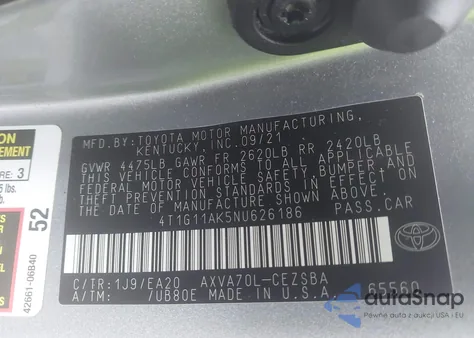 2022 Toyota Camry Se z USA, uszkodzony, nr VIN 4T1G11AK5NU626186